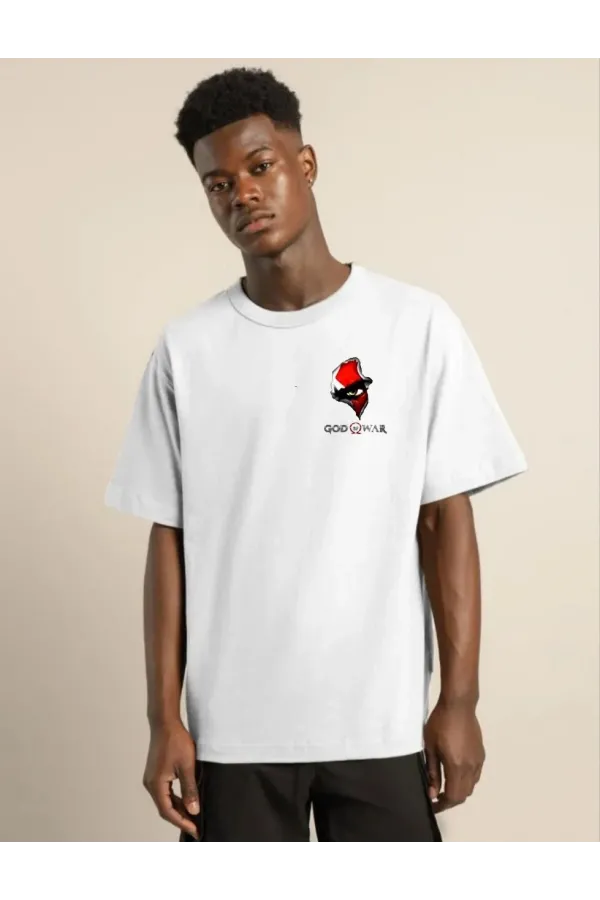 Unisex Bisiklet Yaka Baskılı Oversize T-Shirt - Beyaz