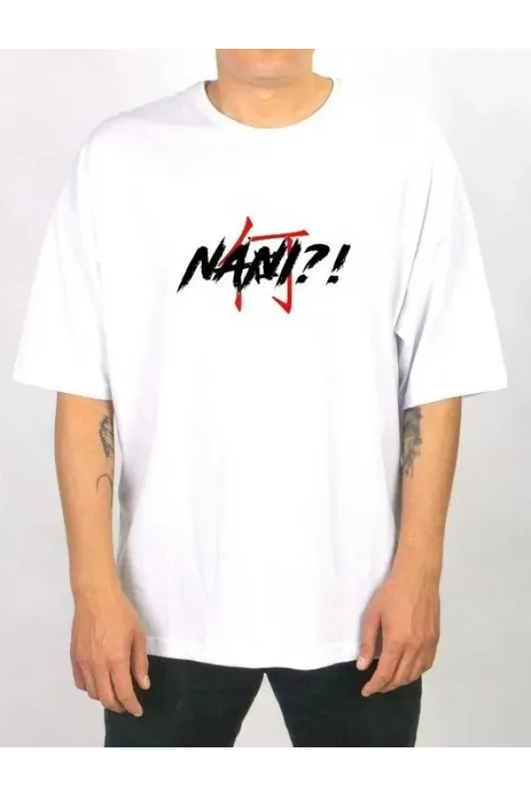 Unisex Bisiklet Yaka Baskılı Oversize T-Shirt - Beyaz