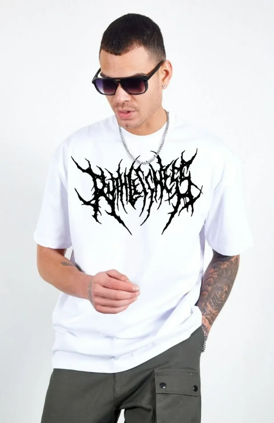 Unisex Bisiklet Yaka Baskılı Oversize T-Shirt - Beyaz