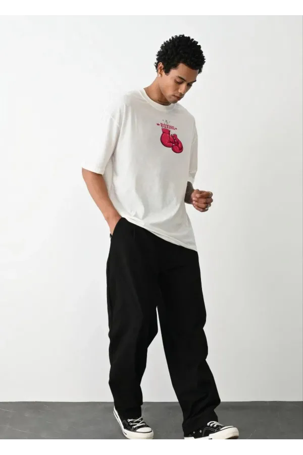 Unisex Bisiklet Yaka Baskılı Oversize T-Shirt - Beyaz