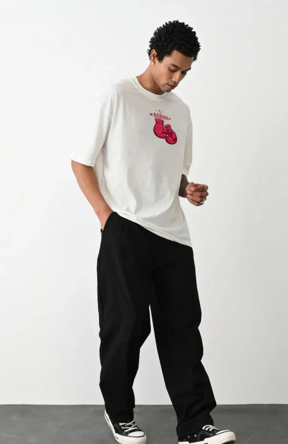 Unisex Bisiklet Yaka Baskılı Oversize T-Shirt - Beyaz