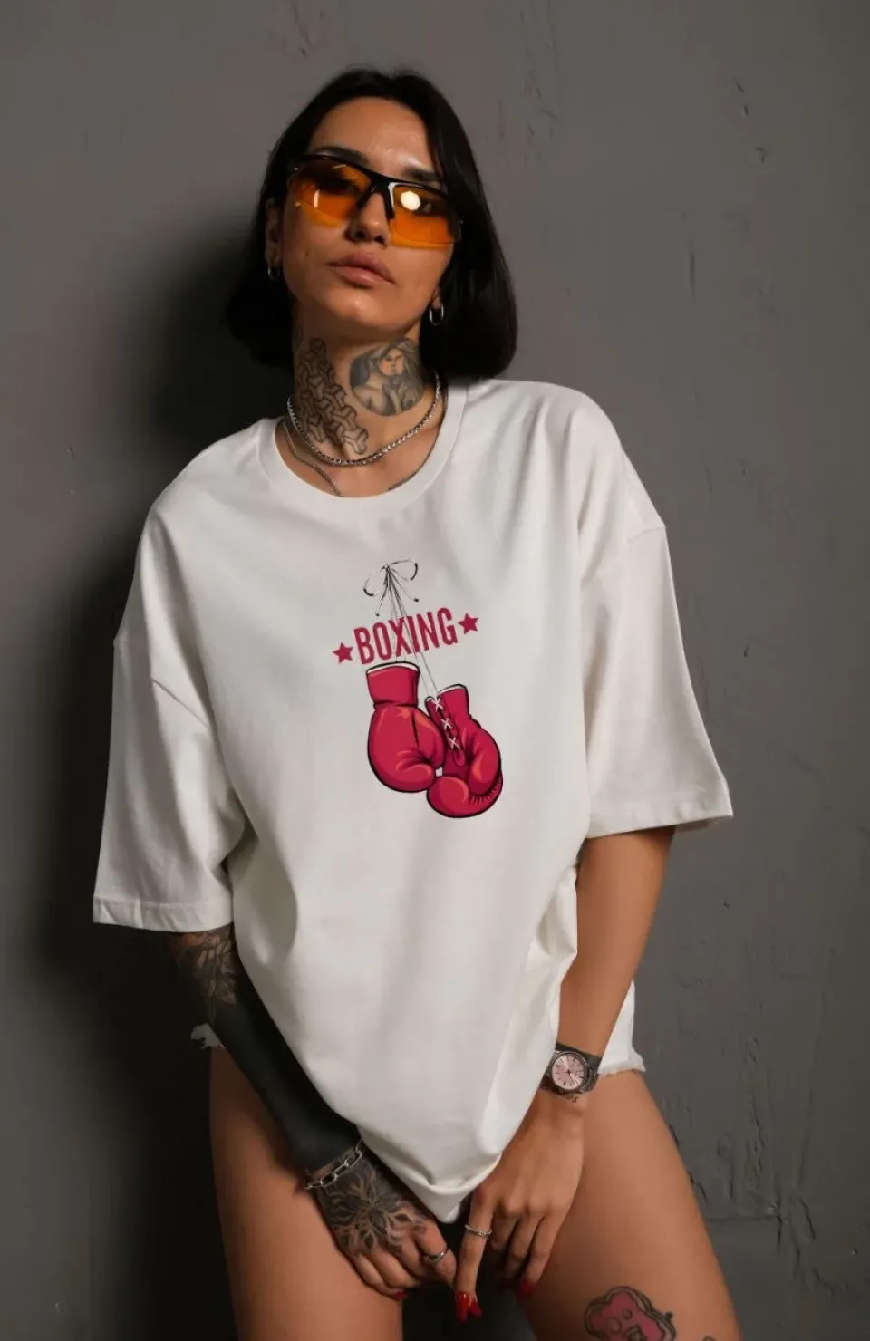 Unisex Bisiklet Yaka Baskılı Oversize T-Shirt - Beyaz