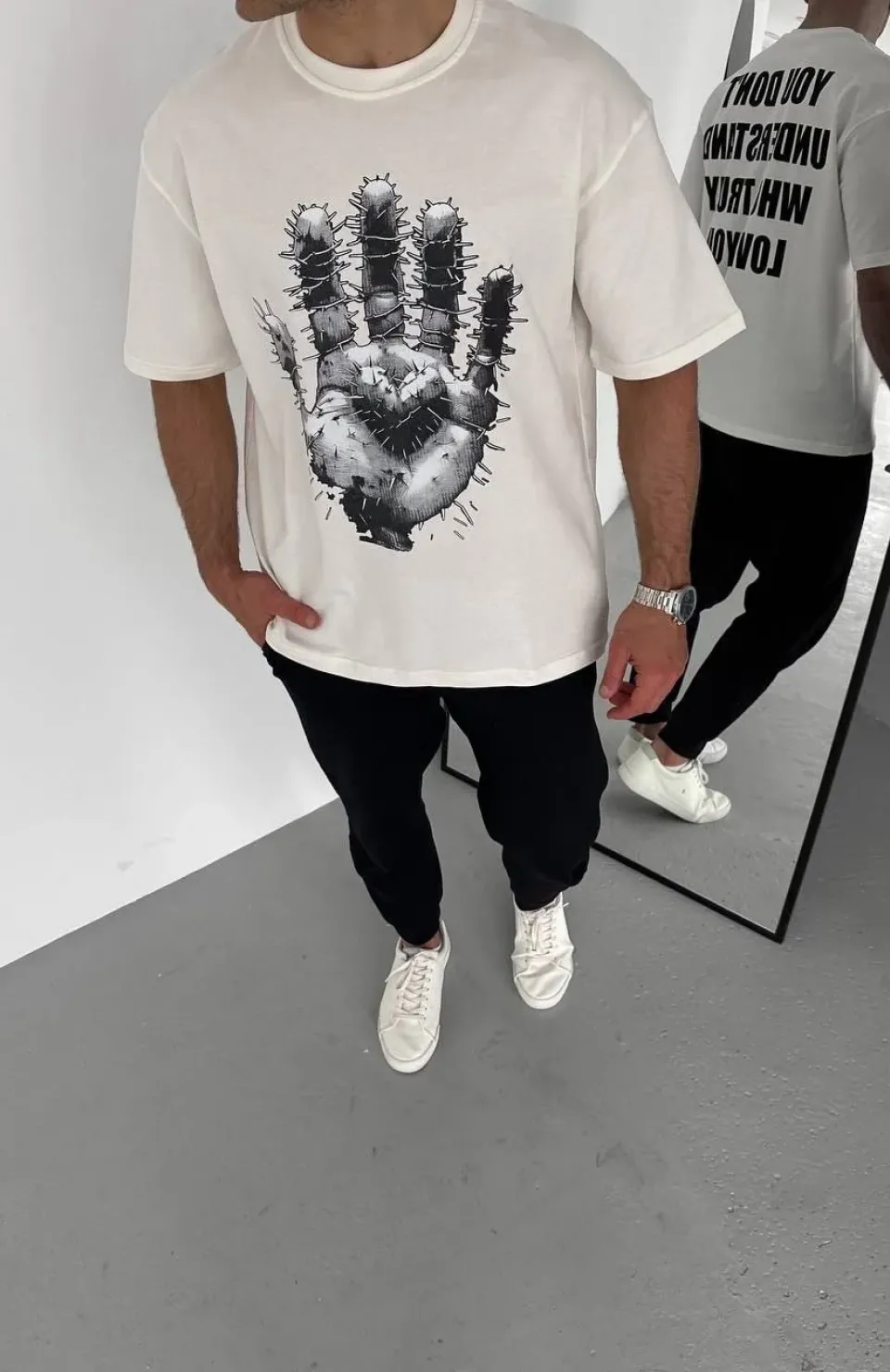 Unisex Bisiklet Yaka Baskılı Oversize T-Shirt - Beyaz