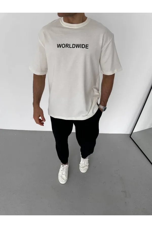 Unisex Bisiklet Yaka Baskılı Oversize T-Shirt - Beyaz