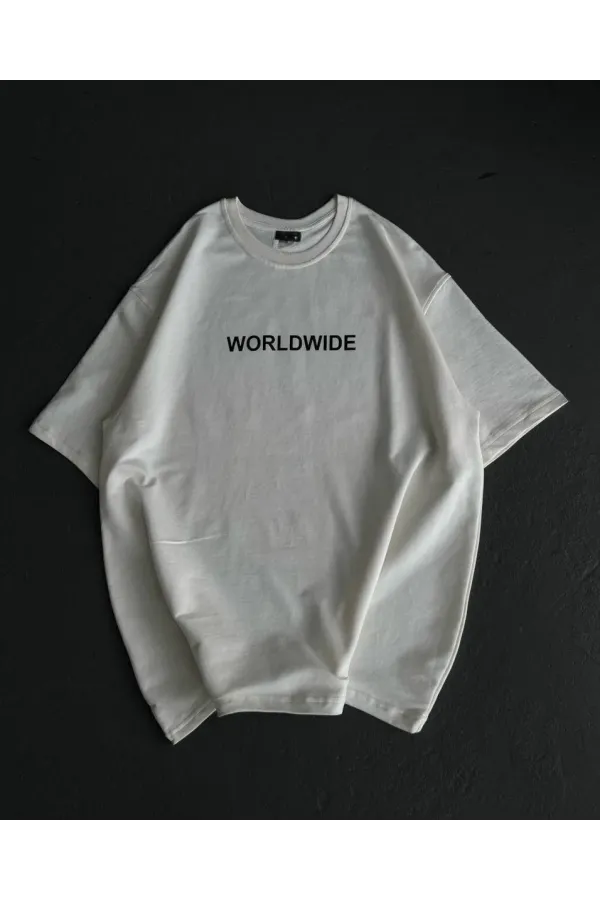 Unisex Bisiklet Yaka Baskılı Oversize T-Shirt - Beyaz