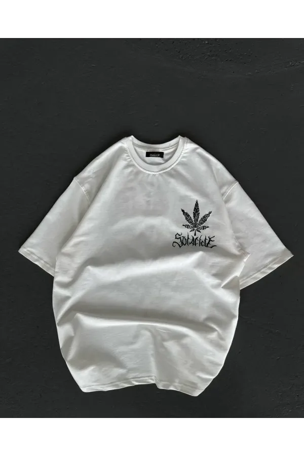 Unisex Bisiklet Yaka Baskılı Oversize T-Shirt - Beyaz