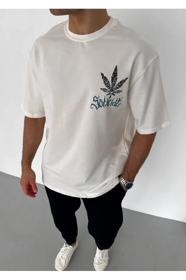 Unisex Bisiklet Yaka Baskılı Oversize T-Shirt - Beyaz