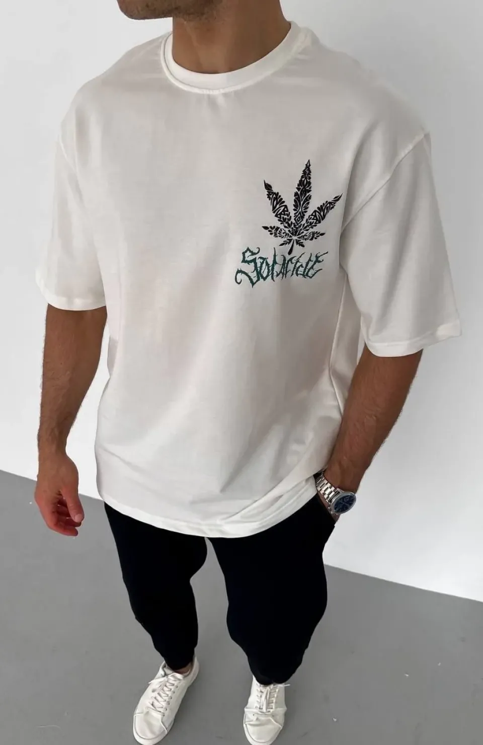 Unisex Bisiklet Yaka Baskılı Oversize T-Shirt - Beyaz