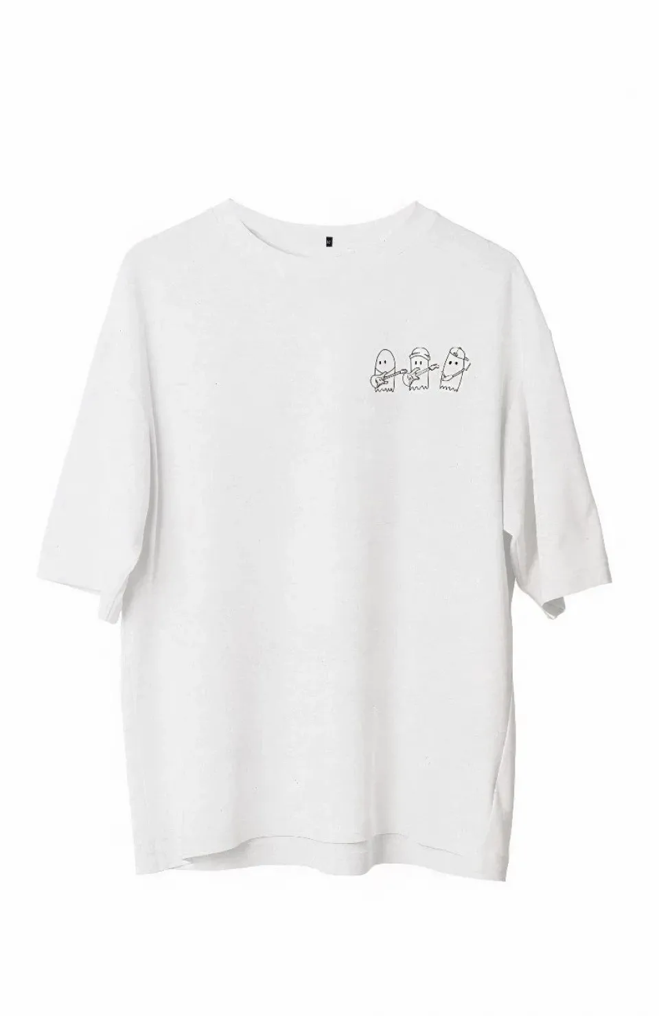 Unisex Bisiklet Yaka Baskılı Oversize T-Shirt - Beyaz