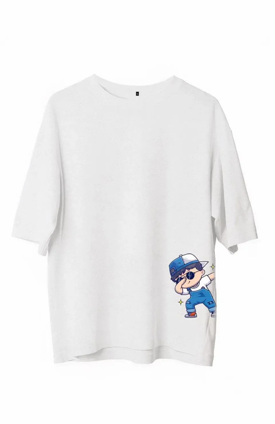 Unisex Bisiklet Yaka Baskılı Oversize T-Shirt - Beyaz