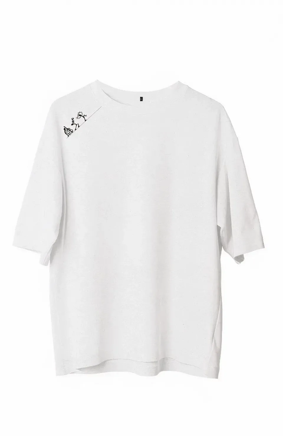 Unisex Bisiklet Yaka Baskılı Oversize T-Shirt - Beyaz