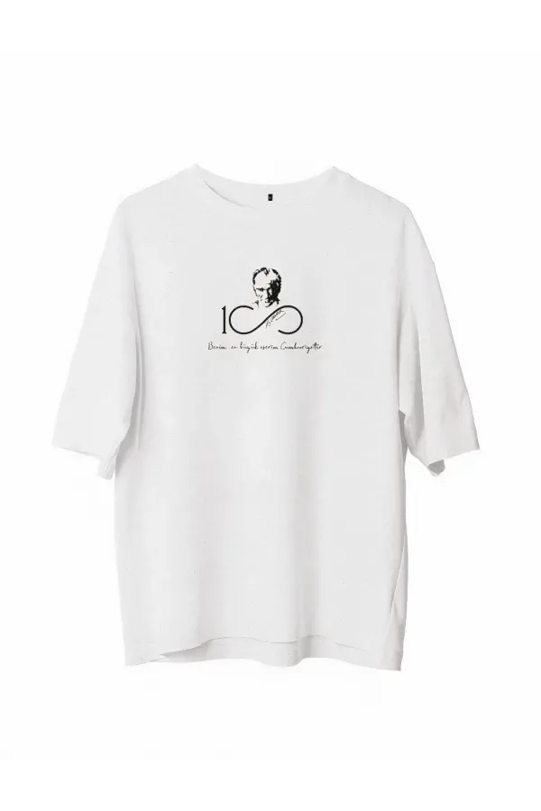 Unisex Bisiklet Yaka Baskılı Oversize T-Shirt - Beyaz