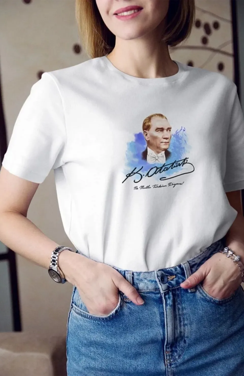 Unisex Bisiklet Yaka Baskılı Oversize T-Shirt - Beyaz