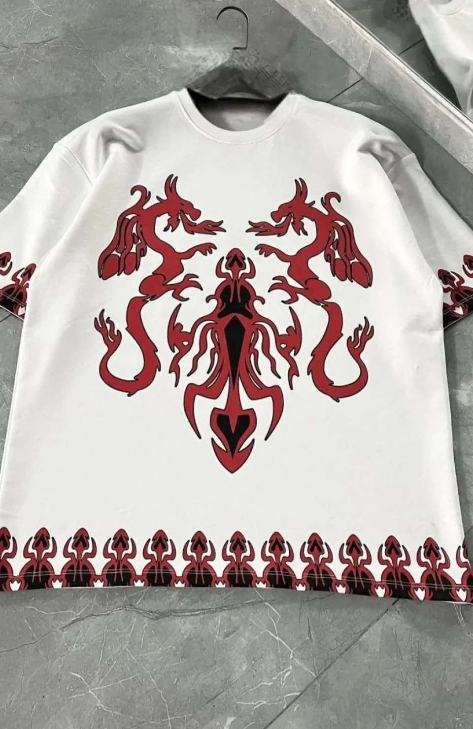 Unisex Bisiklet Yaka Baskılı Oversize T-Shirt - Beyaz