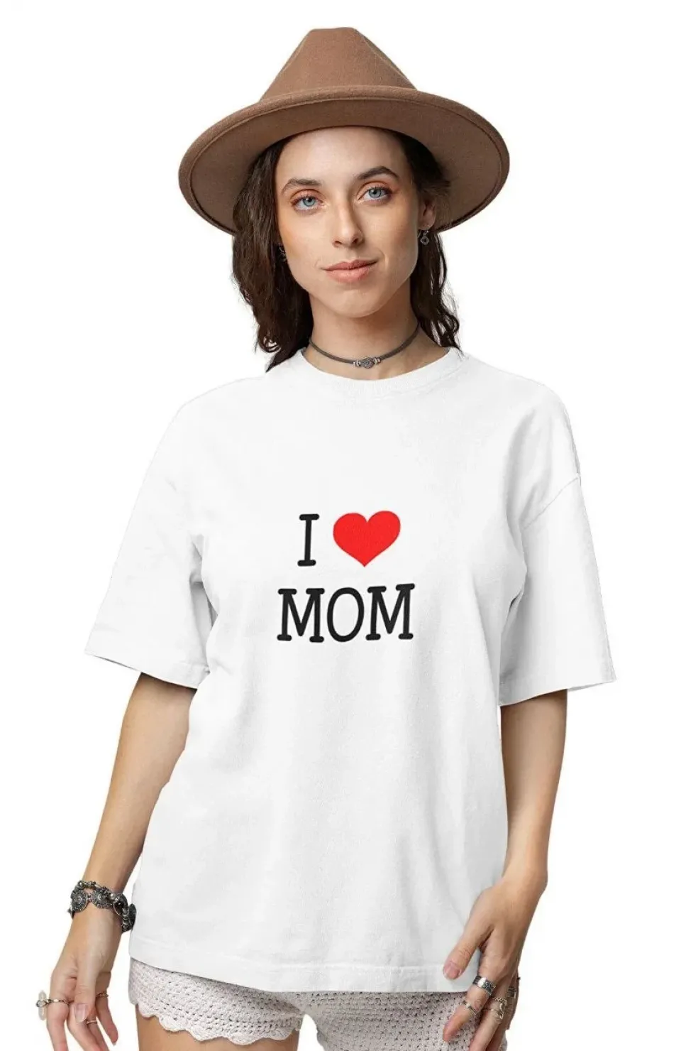 Unisex Bisiklet Yaka Baskılı Oversize T-Shirt - Beyaz