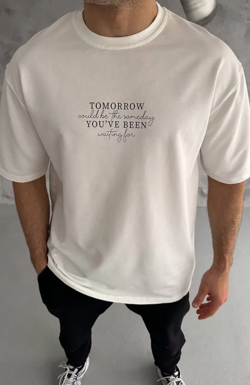 Unisex Bisiklet Yaka Baskılı Oversize T-Shirt - Beyaz