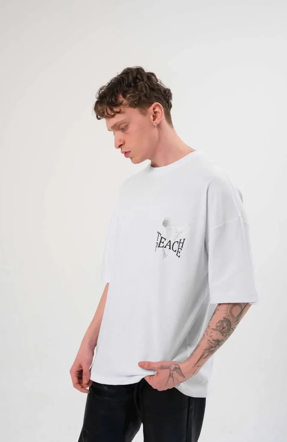 Unisex Bisiklet Yaka Baskılı Oversize T-Shirt - Beyaz