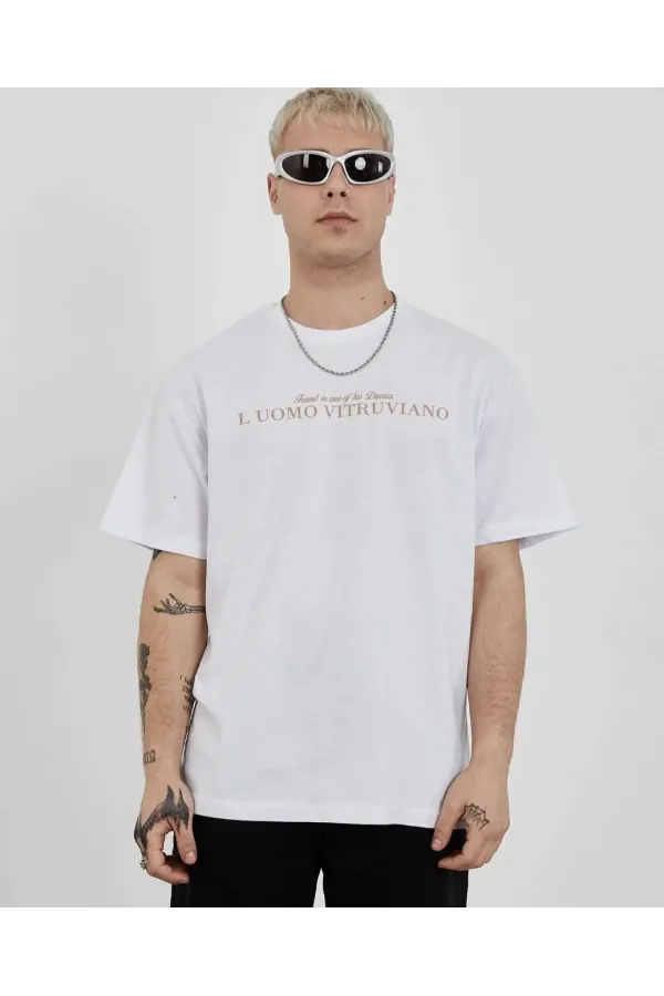 Unisex Bisiklet Yaka Baskılı Oversize T-Shirt - Beyaz