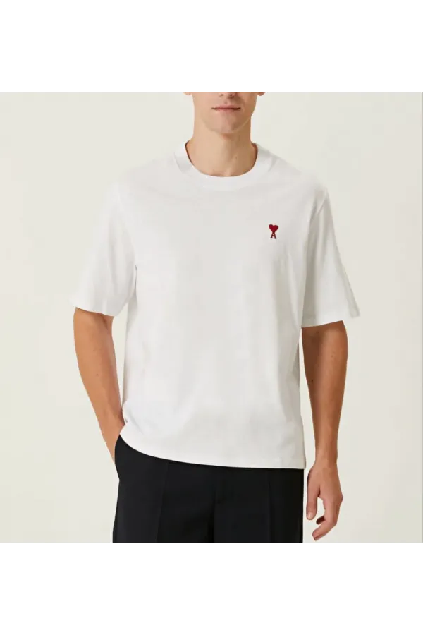 Unisex Bisiklet Yaka Baskılı Oversize T-Shirt - Beyaz