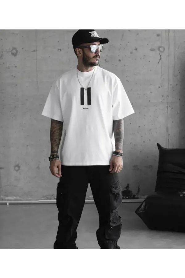 Unisex Bisiklet Yaka Baskılı Oversize T-Shirt - Beyaz