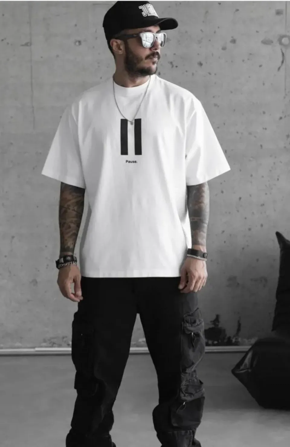 Unisex Bisiklet Yaka Baskılı Oversize T-Shirt - Beyaz