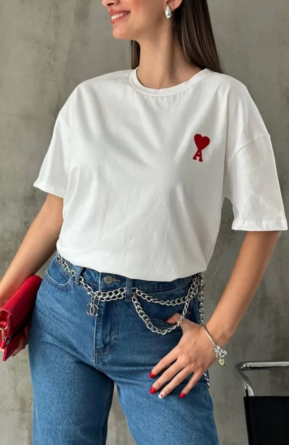 Unisex Bisiklet Yaka Baskılı Oversize T-Shirt - Beyaz