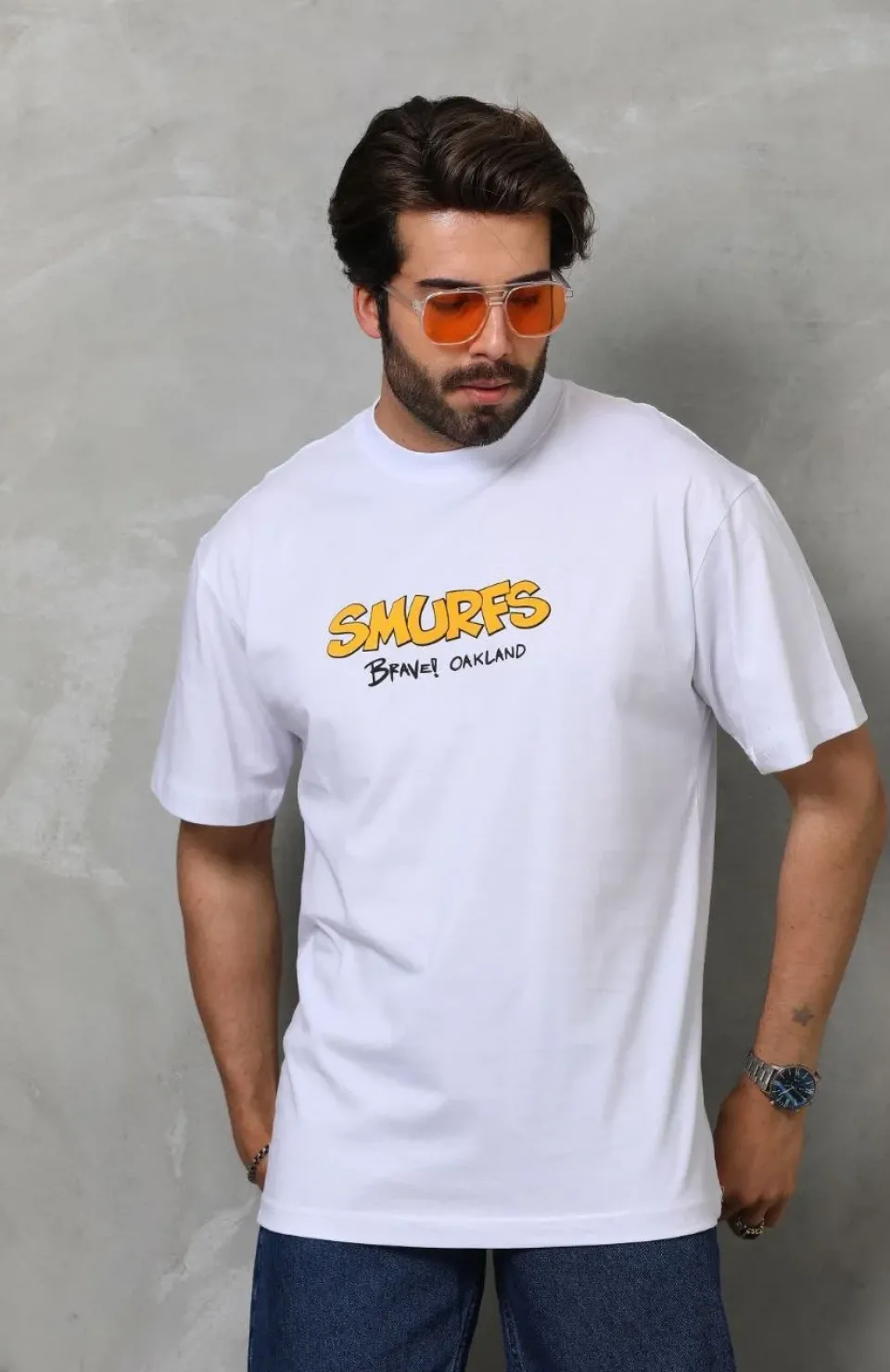 Unisex Bisiklet Yaka Baskılı Oversize T-Shirt - Beyaz