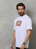Unisex Bisiklet Yaka Baskılı Oversize T-Shirt - Beyaz