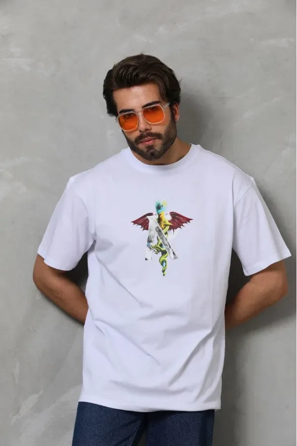 Unisex Bisiklet Yaka Baskılı Oversize T-Shirt - Beyaz