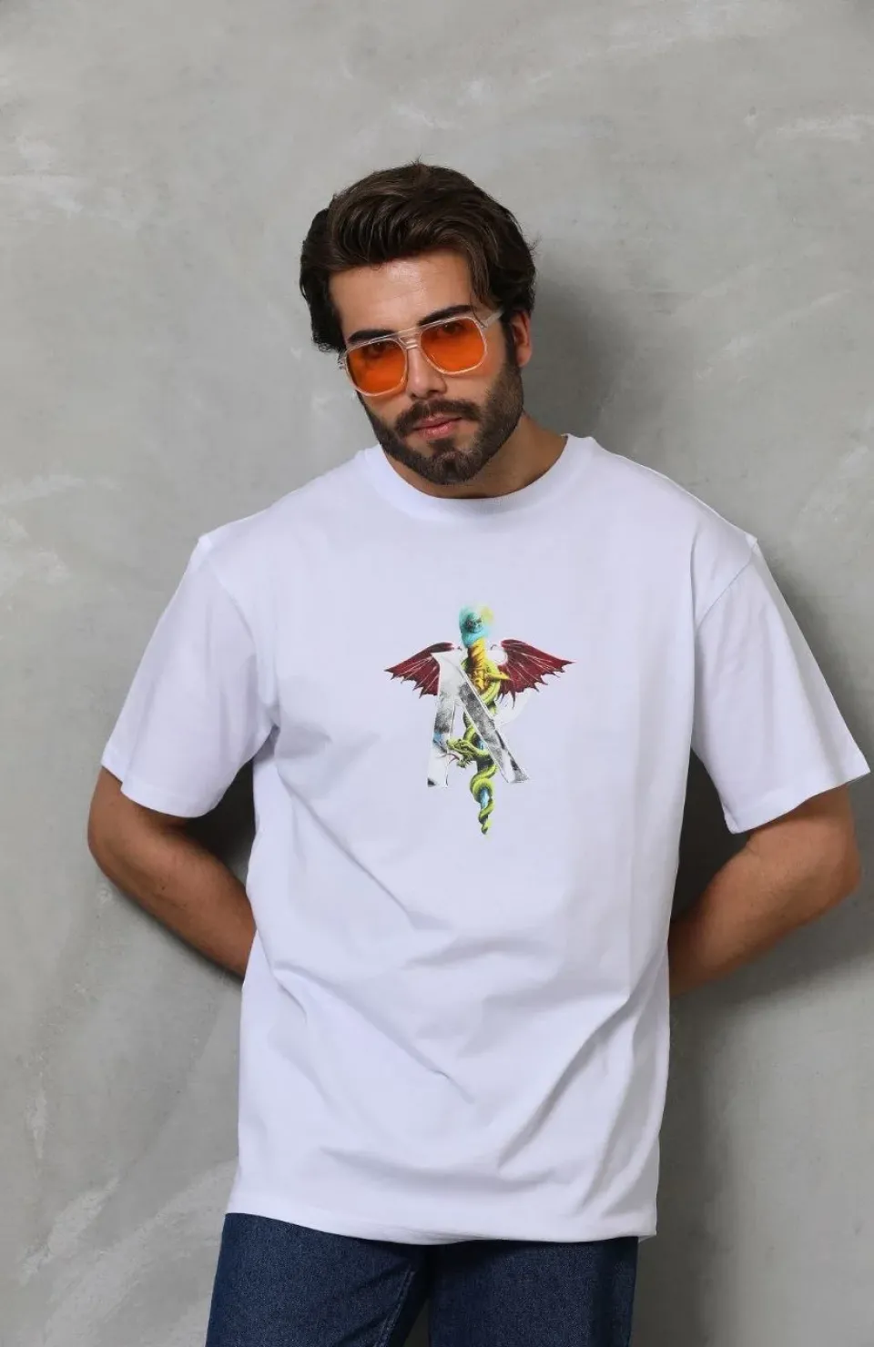 Unisex Bisiklet Yaka Baskılı Oversize T-Shirt - Beyaz