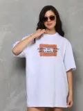 Unisex Bisiklet Yaka Baskılı Oversize T-Shirt - Beyaz