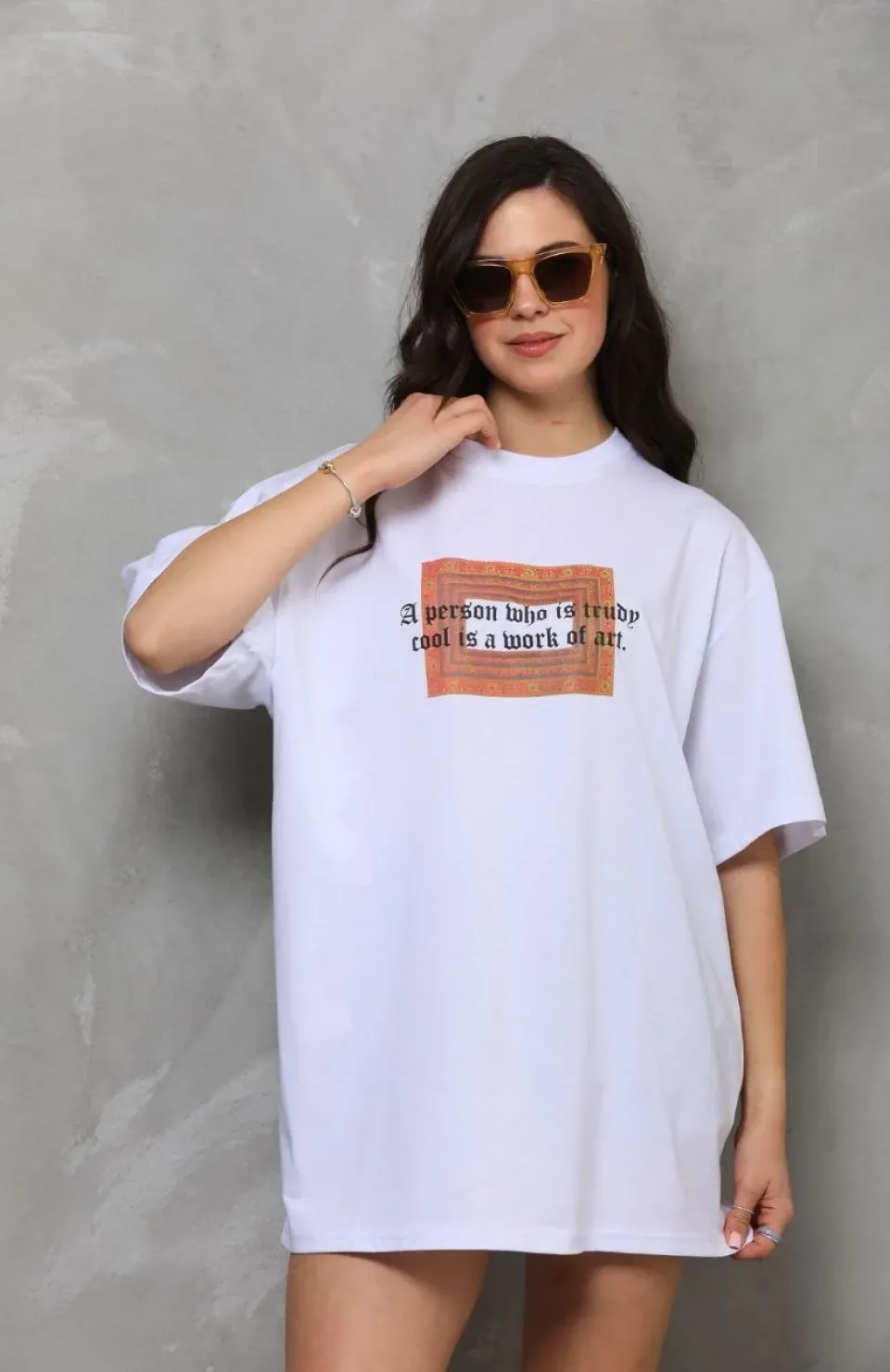 Unisex Bisiklet Yaka Baskılı Oversize T-Shirt - Beyaz
