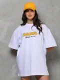 Unisex Bisiklet Yaka Baskılı Oversize T-Shirt - Beyaz