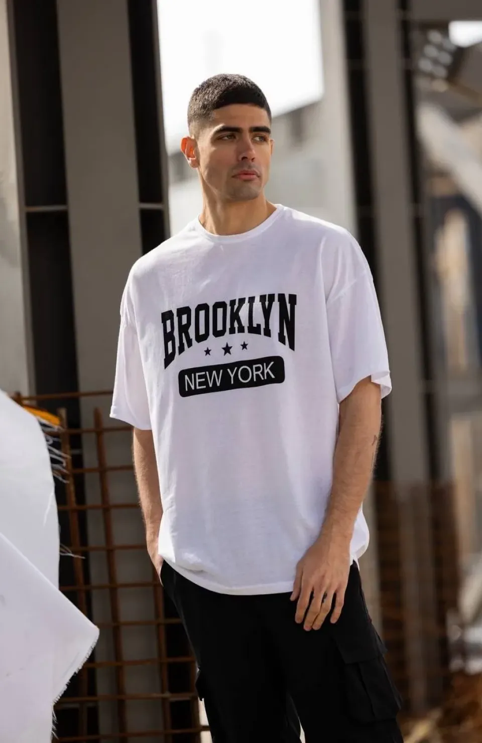 Unisex Bisiklet Yaka Baskılı Oversize T-Shirt - Beyaz