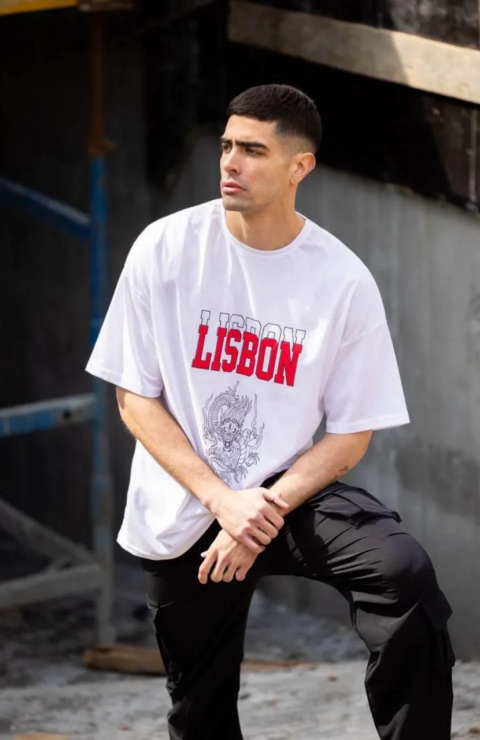 Unisex Bisiklet Yaka Baskılı Oversize T-Shirt - Beyaz