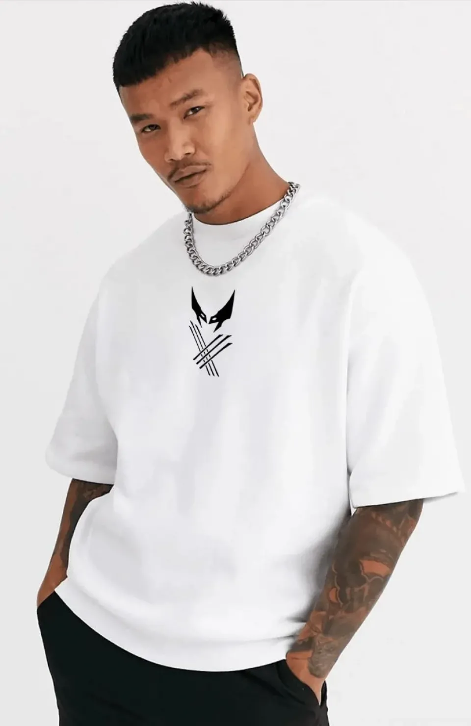 Unisex Bisiklet Yaka Baskılı Oversize T-Shirt - Beyaz