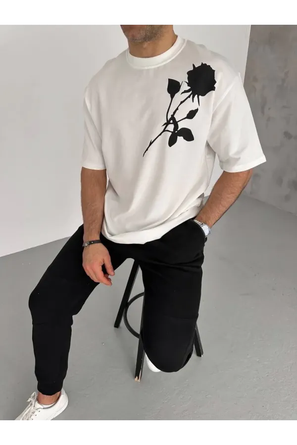 Unisex Bisiklet Yaka Baskılı Oversize T-Shirt - Beyaz