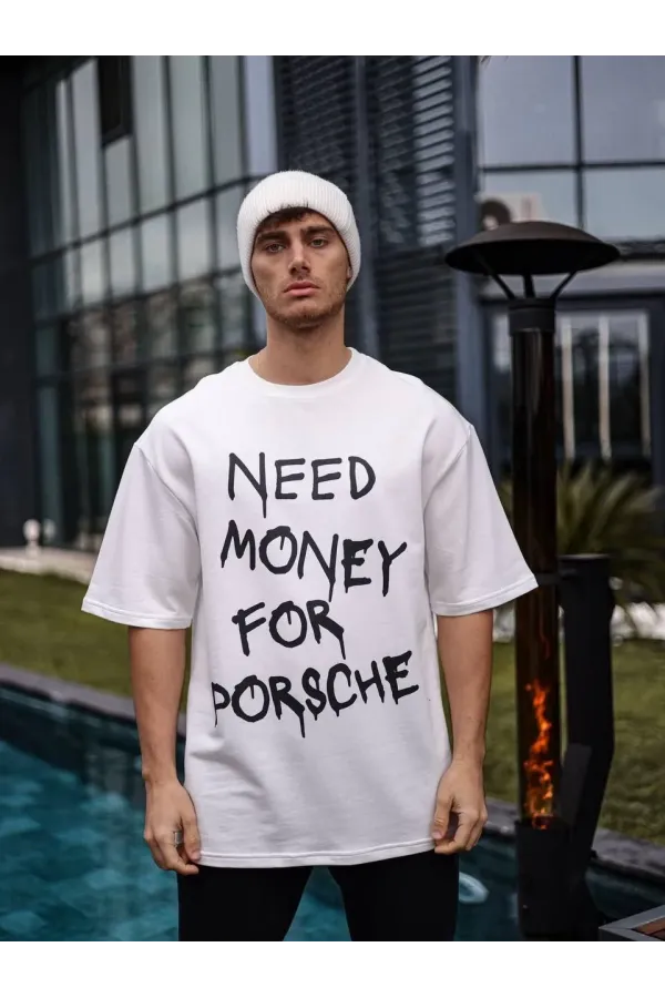 Unisex Bisiklet Yaka Baskılı Oversize T-Shirt - Beyaz