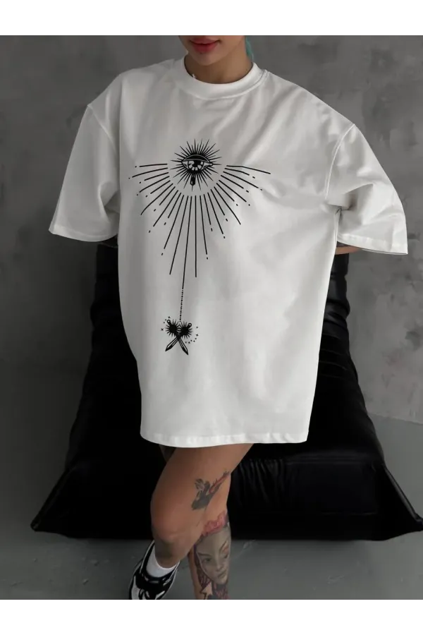 Unisex Bisiklet Yaka Baskılı Oversize T-Shirt - Beyaz