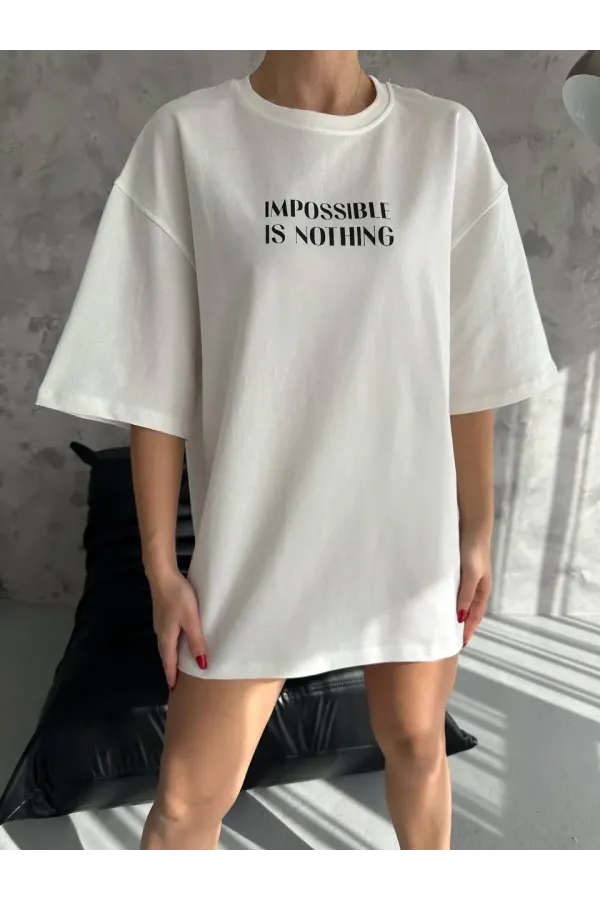 Unisex Bisiklet Yaka Baskılı Oversize T-Shirt - Beyaz