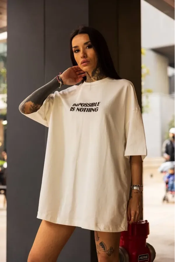 Unisex Bisiklet Yaka Baskılı Oversize T-Shirt - Beyaz