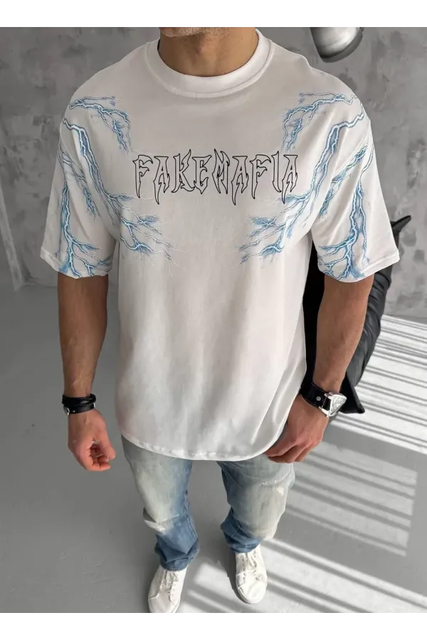 Unisex Bisiklet Yaka Baskılı Oversize T-Shirt - Beyaz