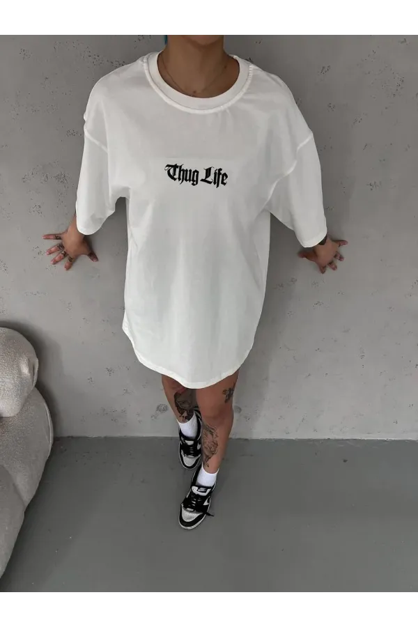 Unisex Bisiklet Yaka Baskılı Oversize T-Shirt - Beyaz