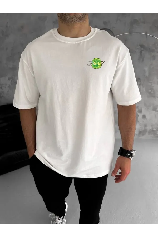 Unisex Bisiklet Yaka Baskılı Oversize T-Shirt - Beyaz