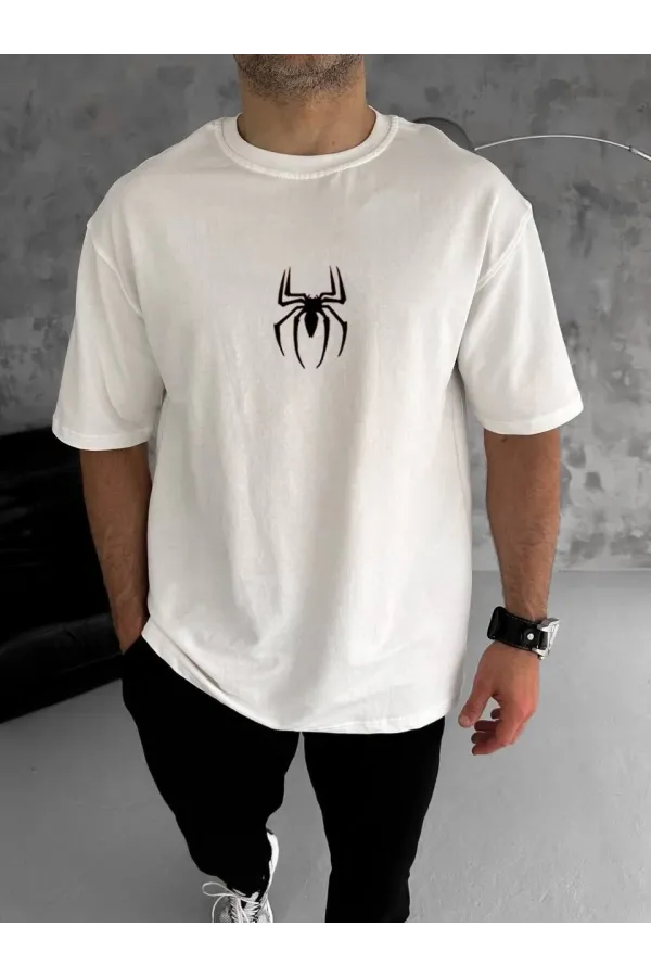 Unisex Bisiklet Yaka Baskılı Oversize T-Shirt - Beyaz