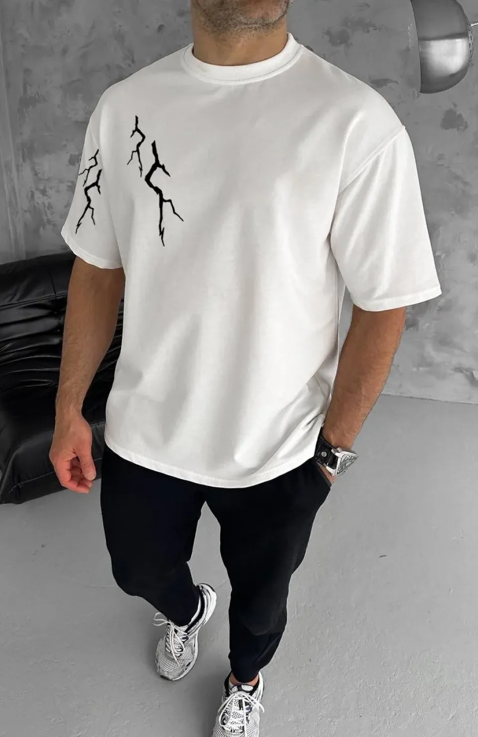 Unisex Bisiklet Yaka Baskılı Oversize T-Shirt - Beyaz Somersan Giyim | Kadın, Erkek ve Çocuk Moda