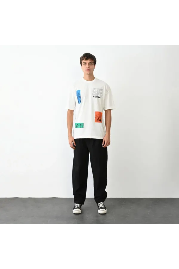 Unisex Bisiklet Yaka Baskılı Oversize T-Shirt - Beyaz