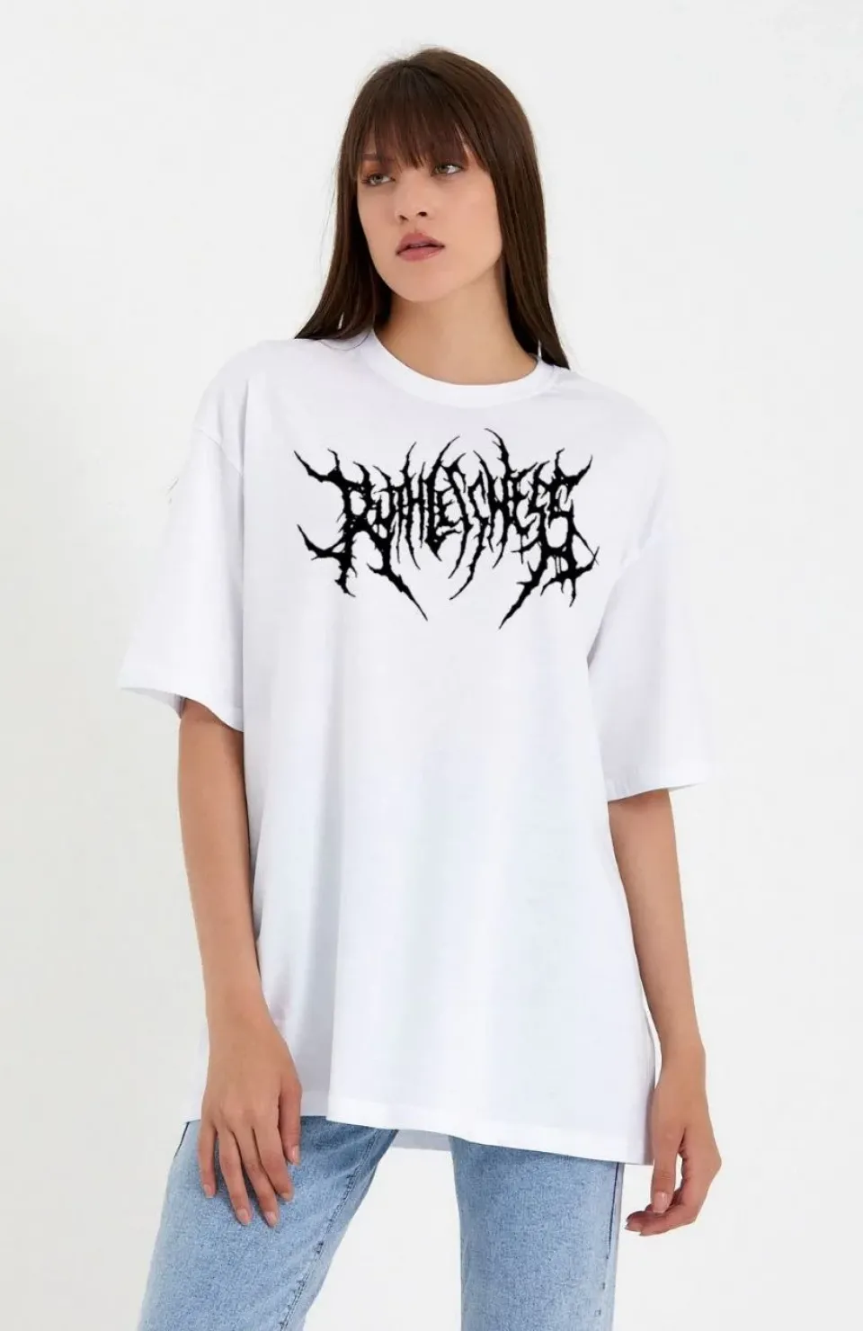 Unisex Bisiklet Yaka Baskılı Oversize T-Shirt - Beyaz Somersan Giyim | Kadın, Erkek ve Çocuk Moda