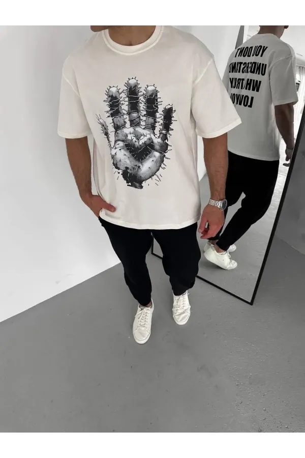 Unisex Bisiklet Yaka Baskılı Oversize T-Shirt - Beyaz