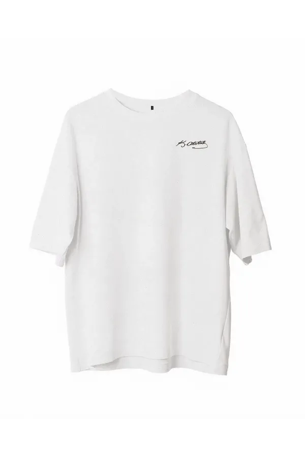 Unisex Bisiklet Yaka Baskılı Oversize T-Shirt - Beyaz